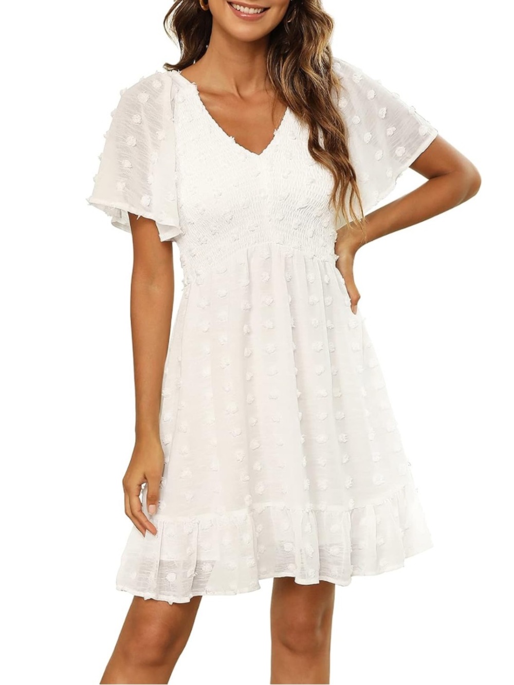 Zattcas White Swiss Dot Smocked Flutter Sleeve Tiered Mini Dress Size S